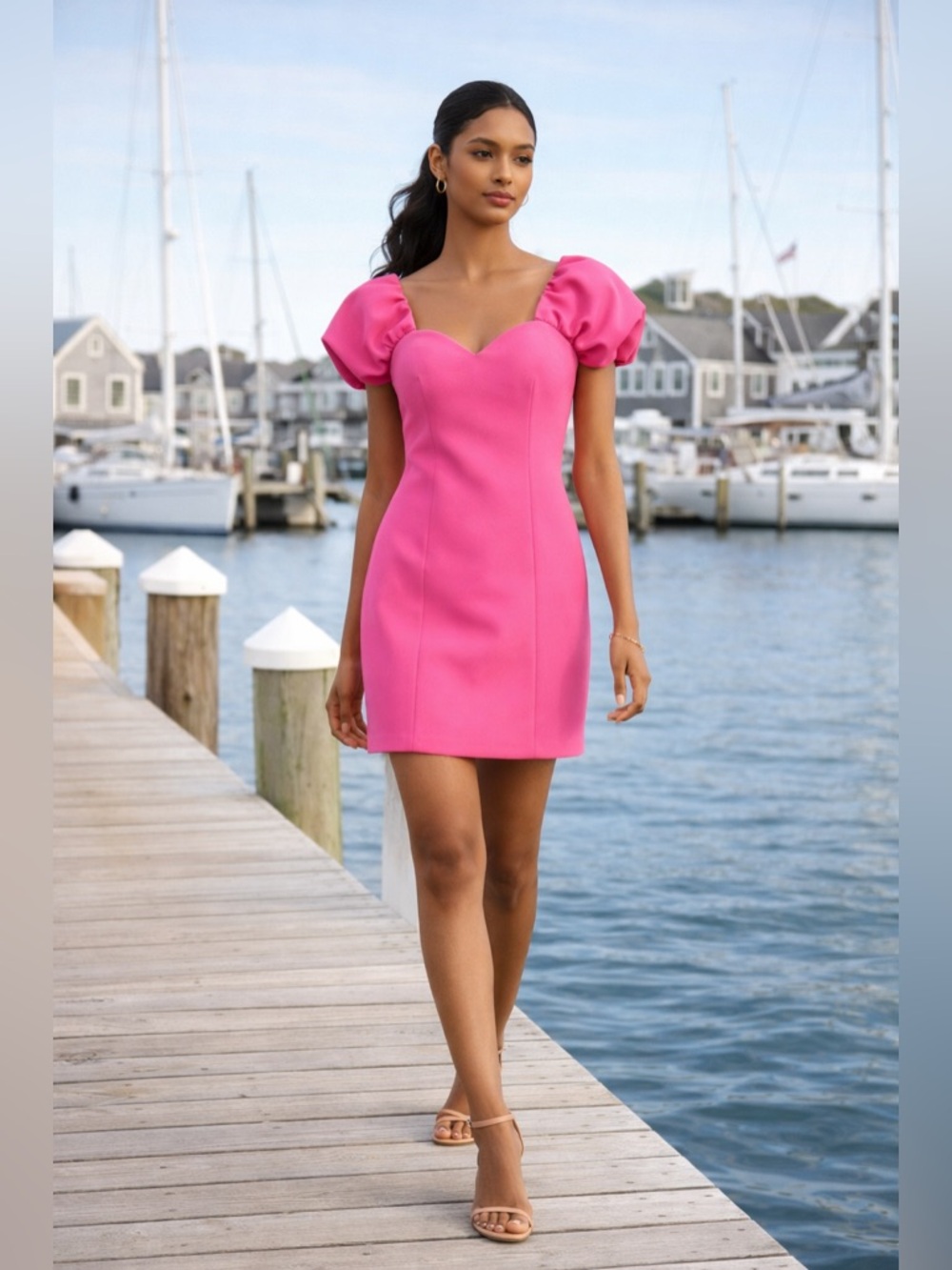 Zara Hot Pink Puff Sleeve Mini Dress Sweetheart Neckline Barbiecore Size L NWT - Picture 6 of 16